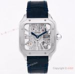 (TW ) Best Skeleton Santos De Cartier Mens Watch Leather Strap Cartier Stainless Steel Copy Watch With Blue Leather Band